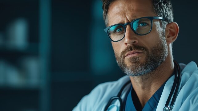 A focused doctor in a clinical setting gazes thoughtfully while assessing patient care, highlighting professionalism, dedication, and the importance of health in a compassionate healthcare environmen - Powered by Adobe