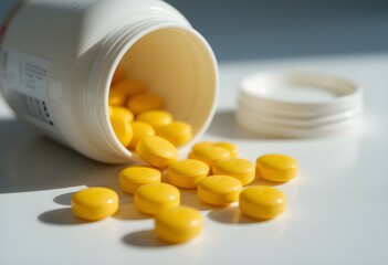 Vitamin C Capsules Spilled from White Bottle on White Background AI Generated