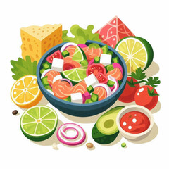 A vibrant illustration of a bowl salad surrounded by avocados tomatoes and citrus