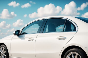 Obraz premium White luxury sedan car side view with tinted windows under blue sky and fluffy clouds background in daylight transport concept scene.