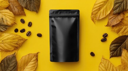 Black blank coffee packaging mockup with autumn leaves on yellow background, flat lay top view of black mylar bag for product presentation.