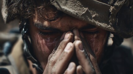 Tearful Soldier in Helmet: A Poignant Anti - War Portrait
