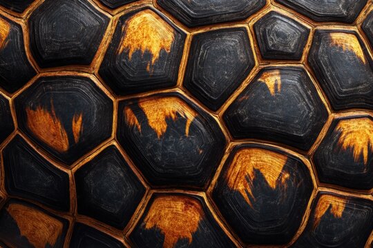 Turtle shell texture with copy space. Close-up turtle pattern. Reptile shell design. Turtle scales. Realistic turtle shell. Turtle design texture. Detailed turtle shell close-up. Wild Animal texture.
