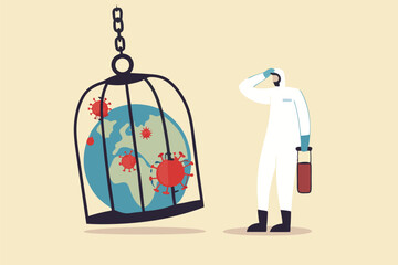 Coronavirus COVID-19 lockdown or quarantine, restricted access to country combat with COVID-19 virus outbreak, medical worker full protective gear with key after locked sick earth planet in cage