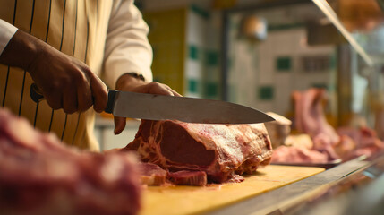 A close-up captures a professional butcher's hands expertly cutting fresh raw meat with a sharp knife, showcasing the precision and skill involved in traditional butchery.