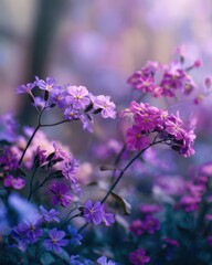 Fototapeta premium Delicate Purple and Pink Flowers Blooming in Soft Light with a Beautiful Bokeh Background