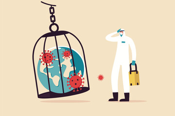 Coronavirus COVID-19 lockdown or quarantine, restricted access to country combat with COVID-19 virus outbreak, medical worker full protective gear with key after locked sick earth planet in cage