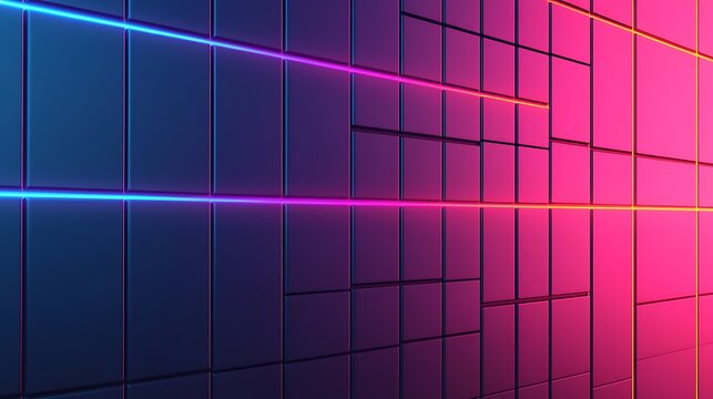 A futuristic grid of glowing blue and pink squares with neon lines creating a vibrant digital matrix effect.