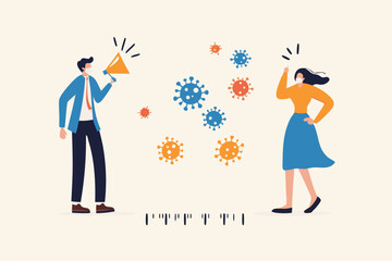 Social distancing, keep distance in public society people to protect from COVID-19 coronavirus outbreak spreading concept, businessman and woman keep distance away in the meeting with virus pathogens