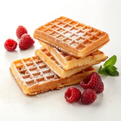 Golden Waffles Stack with Raspberries, Mint and Powdered Sugar Delicious Breakfast Treat, waffle ,dessert