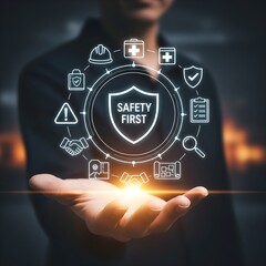 Work Safety and Compliance Concept, Safety First, A person with work safety and compliance icons, including a shield, hard hat, checklist, workplace safety, health protocols, and regulatory complianc