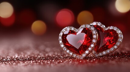 This captivating image features two shimmering red heart-shaped gemstones adorned with sparkling diamonds, set against a beautifully blurred festive background, evoking love and luxury.