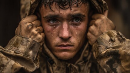 Tearful Soldier in Helmet: A Poignant Anti - War Portrait