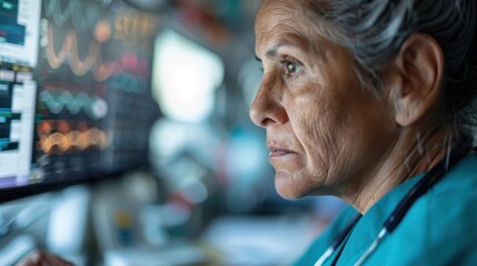 A senior female doctor intensely studies complex medical data on multiple screens, showcasing her dedication and expertise in patient care and medical technology.