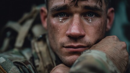 Tearful Soldier in Helmet: A Poignant Anti - War Portrait