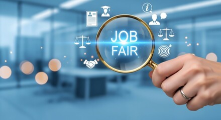 Fototapeta premium Job Fair Concept. Holding magnifying glass with job Fair text, career related icon, employment opportunities, professional networking, employee recruitment, hiring, occupational, applicants, recruit