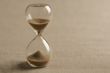 A small elegant hourglass with sand running on neutral cloth captures mindfulness simplicity and gentle awareness of passing time