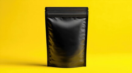 Black matte mylar bag mockup on yellow striped background in top view flat lay for online shop banner product display.