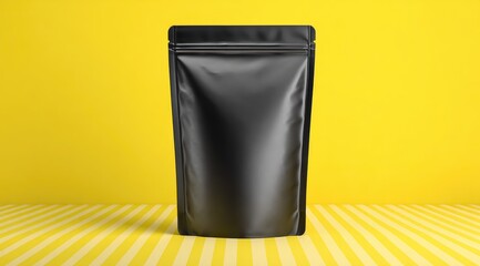 Black matte mylar bag mockup on yellow striped background in top view flat lay for online shop banner product display.