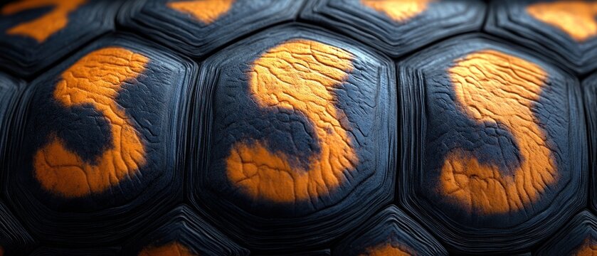 Turtle shell texture with copy space. Close-up turtle pattern. Reptile shell design. Turtle scales. Realistic turtle shell. Turtle design texture. Detailed turtle shell close-up. Wild Animal texture.