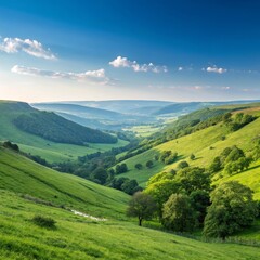Green Valley Lush Hills and Cloudscape Landscape, outdoors , scenery