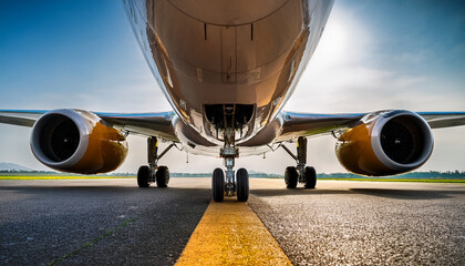 Commercial Jet on Runway at Sunset Awaiting Takeoff Under Golden Sky