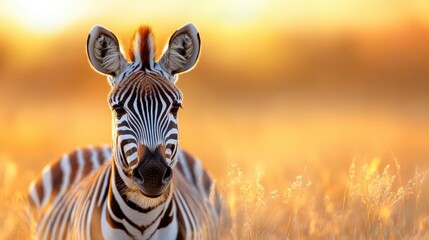 A striking portrait of a zebra resting in golden grassland during sunset, showcasing the natural beauty and elegance of wildlife in a serene environment.