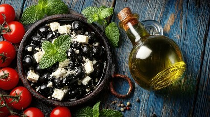 A vibrant summer salad with olives, feta, and cherry tomatoes on rustic wood.