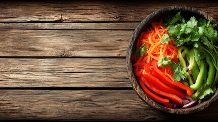 A vibrant top view of a fresh summer salad with colorful vegetables on a wooden table.