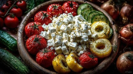 A vibrant summer salad featuring fresh vegetables and cheese.