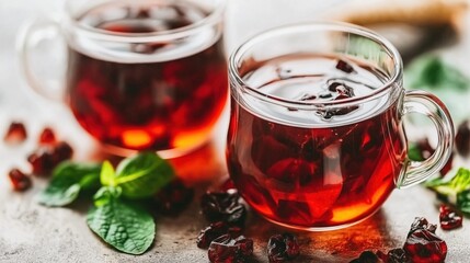 Two cups of herbal tea with mint leaves, perfect for a refreshing morning ritual.