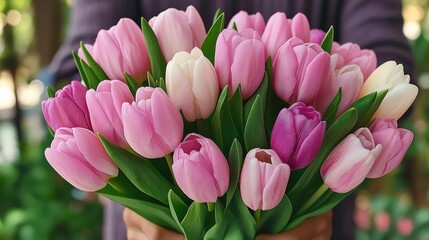 A joyful woman holds a vibrant bouquet of tulips in a sunny outdoor setting.