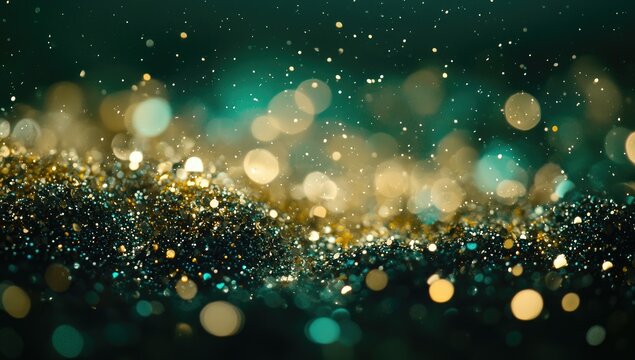 Abstract background of shimmering, golden and teal lights