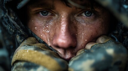 Tearful Soldier in Helmet: A Poignant Anti - War Portrait