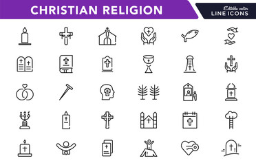 Christian religion linear icon set. Jesus, catholic, cross, spirituality, Christianity, church, bible, priest, Christmas, easter, prayer, baptism, outline vector icon set. UI thin line icon pack.