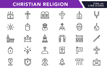 Christian religion linear icon set. Jesus, catholic, cross, spirituality, Christianity, church, bible, priest, Christmas, easter, prayer, baptism, outline vector icon set. UI thin line icon pack.