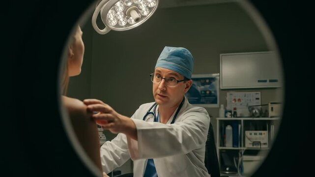 A man doctor consults woman patient in medical uniform, sitting at hospital examination room. Health care footage.