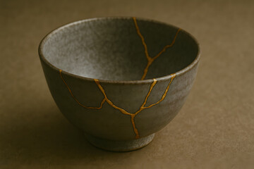 A kintsugi style ceramic bowl with golden cracks on brown surface symbolizes emotional healing inner strength and beauty through imperfection
