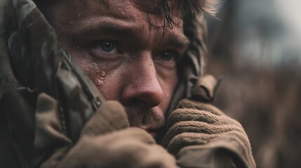 Tearful Soldier in Helmet: A Poignant Anti - War Portrait