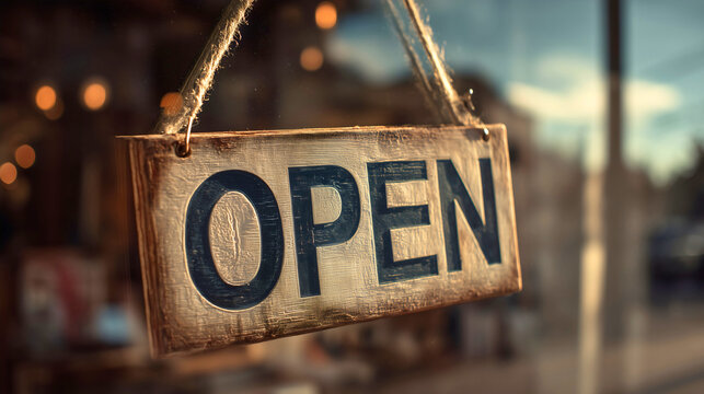 A charming wooden "Open" sign hangs invitingly in a shop window, its rustic texture and warm light welcoming customers to a cozy, local business. - Powered by Adobe
