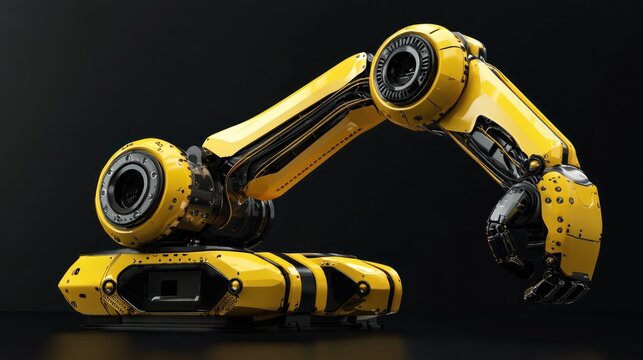 A yellow robotic arm with a black background. The arm is in a stationary position, and the robot is designed for industrial purposes.