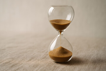 A small hourglass on beige surface symbolizes slow time mindfulness and quiet awareness in neutral minimalist setup