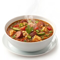 Hot Cajun Gumbo in White Bowl with Sausage, Okra and Tomatoes on White Background, Gumbo ,Cajun Cuisine