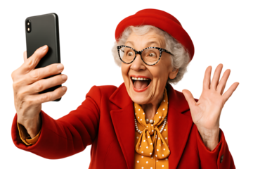 Old woman with colorful glasses taking selfie isolated on transparent background