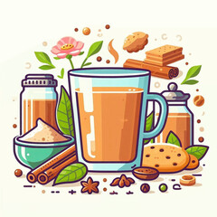 A vivid illustration displays a chai beverage alongside various ingredients and sweets