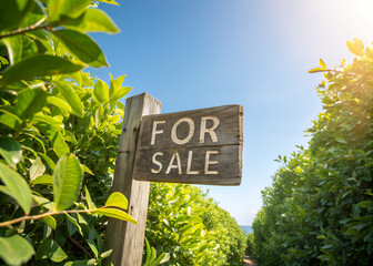 Property for sale, a serene property nestled amidst verdant foliage. The inviting sign offers a glimpse of the home for sale in an idyllic location, where the gentle sunlight kisses the horizon.