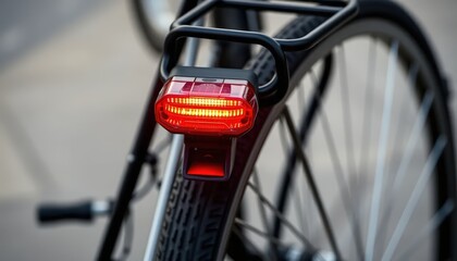 a bicycle rear light and reflector mounted on a black metal rack