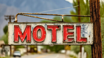 A close-up captures the rusted and weathered texture of a vintage motel sign, its faded red letters and distressed surface evoking a sense of forgotten Americana.