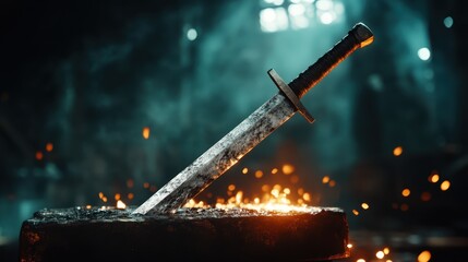A beautifully forged sword rests on an anvil surrounded by glowing embers, showcasing craftsmanship and artistry, blending historical allure with the raw beauty of metalwork.