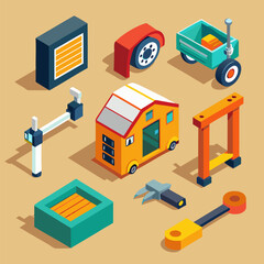 Obraz premium 3D garage tools isolated on white background, realistic illustration representing mechanical work, automotive repair, handyman tools, DIY projects, workshop equipment, and professional maintenance.